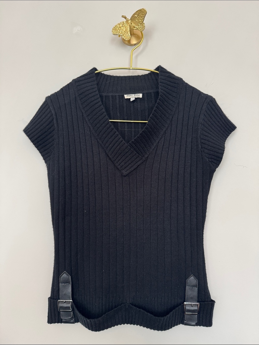 MIU MIU Black Ribbed V‑Neck Cap Sleeve Sweater with Hem Buckles Size EU 38